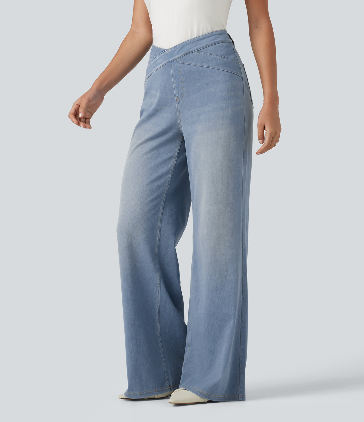 High Waisted Crossover Bootcut Casual Jeans with Pockets — Baltic Sea Blue Denim — view 3