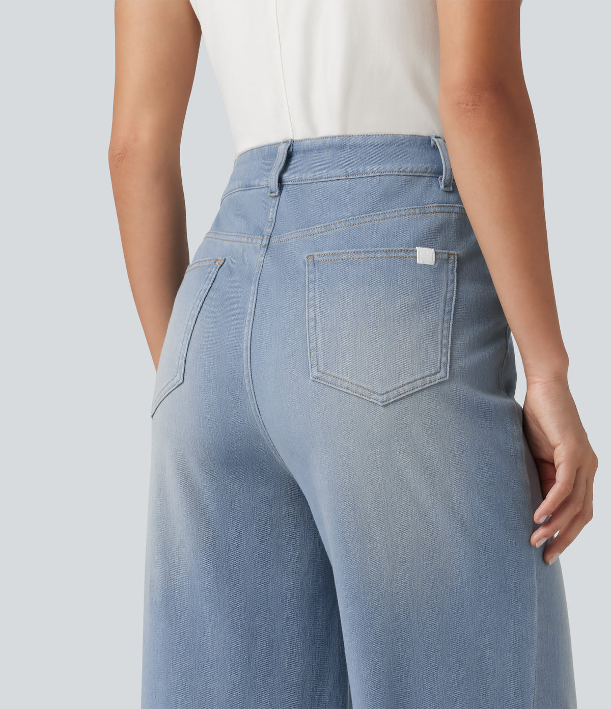 High Waisted Crossover Bootcut Casual Jeans with Pockets — Baltic Sea Blue Denim — view 4