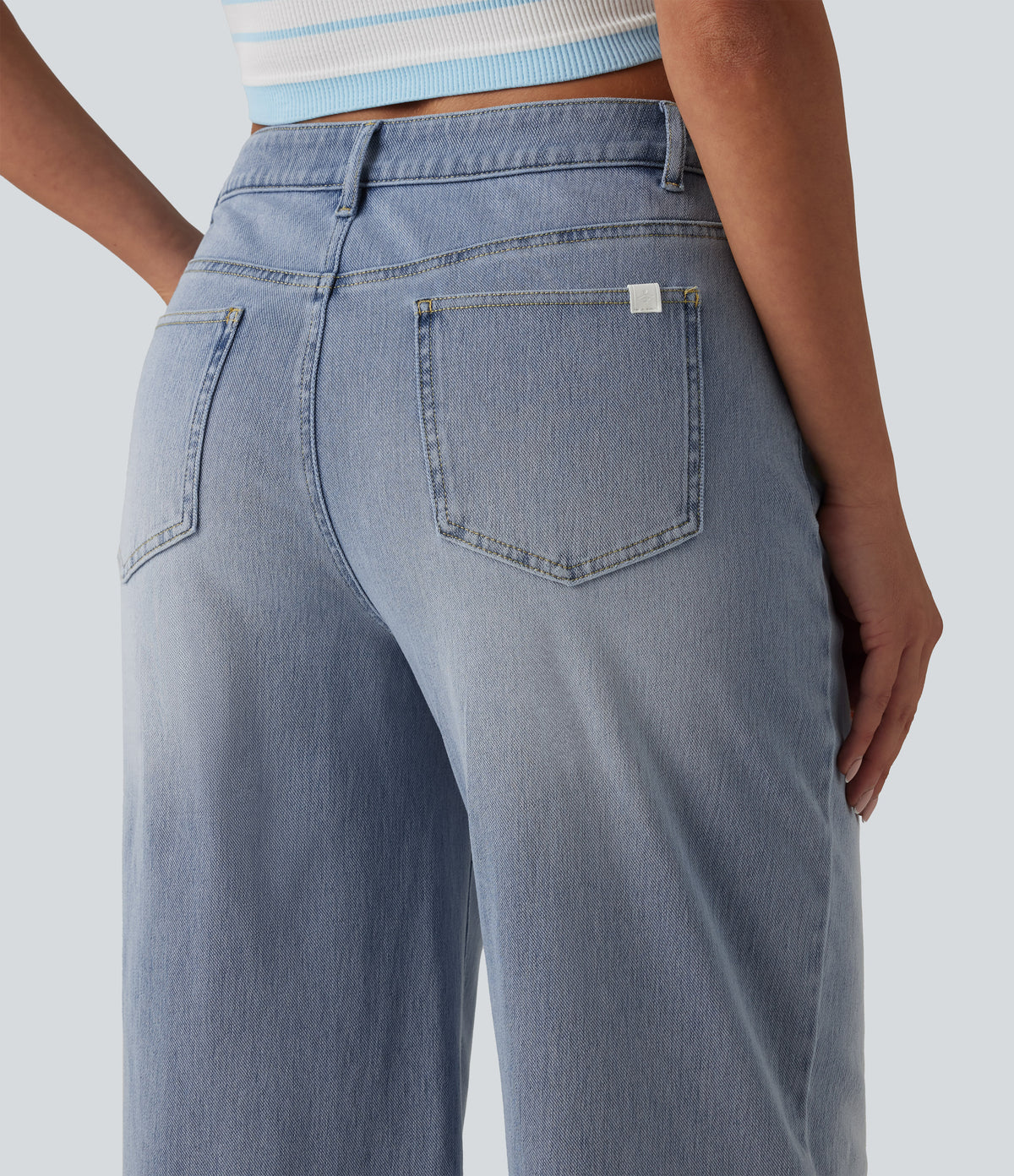 Asymmetric Mid Rise Rolled Hem Wide Leg Casual Jeans with Pockets — Baltic Sea Blue Denim — view 5