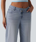 Asymmetric Mid Rise Rolled Hem Wide Leg Casual Jeans with Pockets — Baltic Sea Blue Denim — view 4