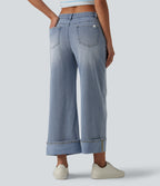 Asymmetric Mid Rise Rolled Hem Wide Leg Casual Jeans with Pockets — Baltic Sea Blue Denim — view 2