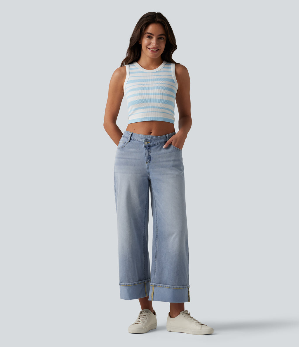 Asymmetric Mid Rise Rolled Hem Wide Leg Casual Jeans with Pockets — Baltic Sea Blue Denim — view 6