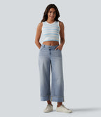 Asymmetric Mid Rise Rolled Hem Wide Leg Casual Jeans with Pockets — Baltic Sea Blue Denim — view 6