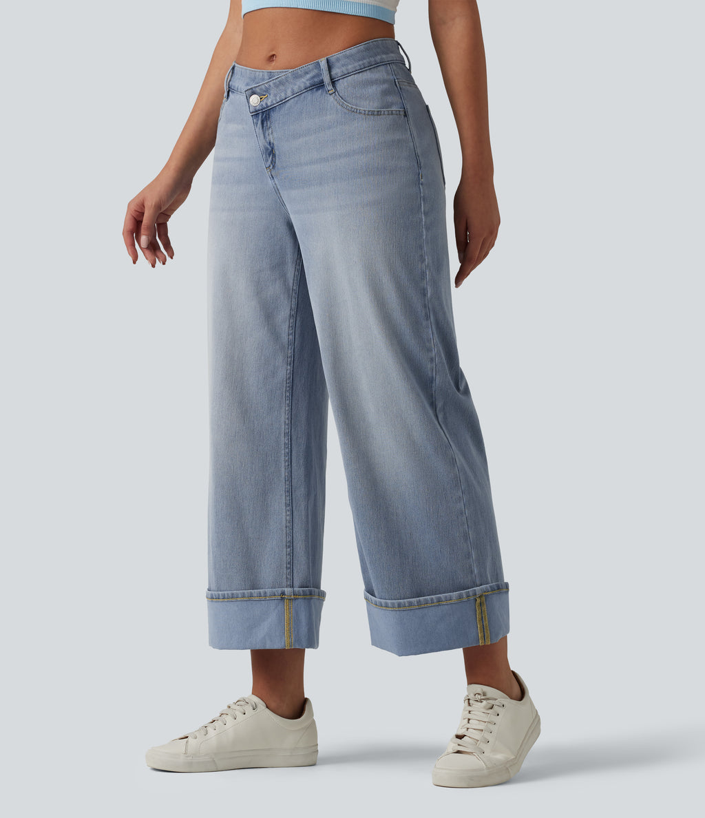 Asymmetric Mid Rise Rolled Hem Wide Leg Casual Jeans with Pockets — Baltic Sea Blue Denim — view 3