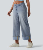 Asymmetric Mid Rise Rolled Hem Wide Leg Casual Jeans with Pockets — Baltic Sea Blue Denim — view 3