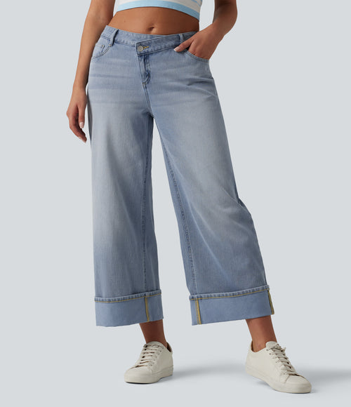 Asymmetric Mid Rise Rolled Hem Wide Leg Casual Jeans with Pockets — Baltic Sea Blue Denim — view 1