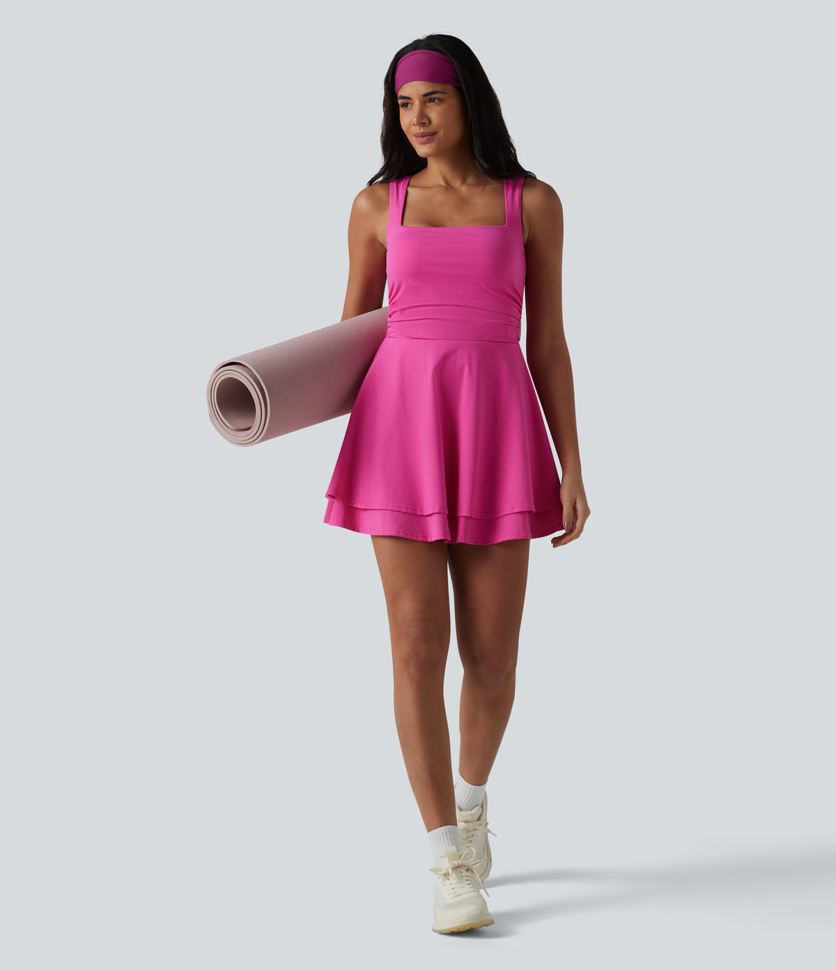 Airy Square Neck Built-in Bra Sleeveless 2-in-1 Layered InstantCool Mini Yoga Active Dress with Pockets-Edition — Fuchsia Fedora — view 8