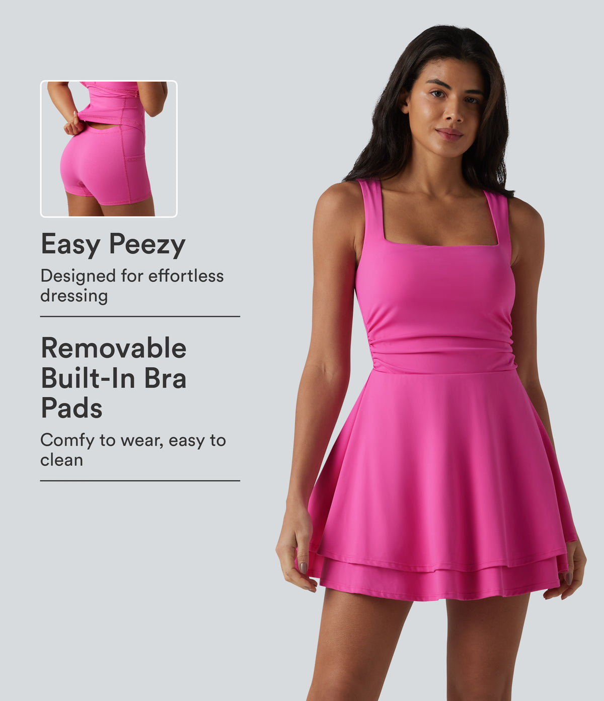 Airy Square Neck Built-in Bra Sleeveless 2-in-1 Layered InstantCool Mini Yoga Active Dress with Pockets-Edition — Fuchsia Fedora — view 1