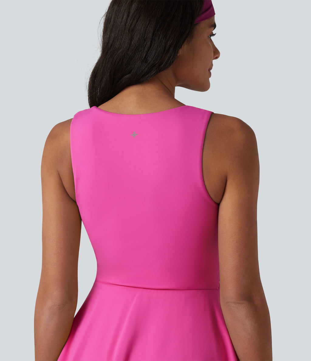 Airy Square Neck Built-in Bra Sleeveless 2-in-1 Layered InstantCool Mini Yoga Active Dress with Pockets-Edition — Fuchsia Fedora — view 4