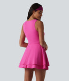 Airy Square Neck Built-in Bra Sleeveless 2-in-1 Layered InstantCool Mini Yoga Active Dress with Pockets-Edition — Fuchsia Fedora — view 2