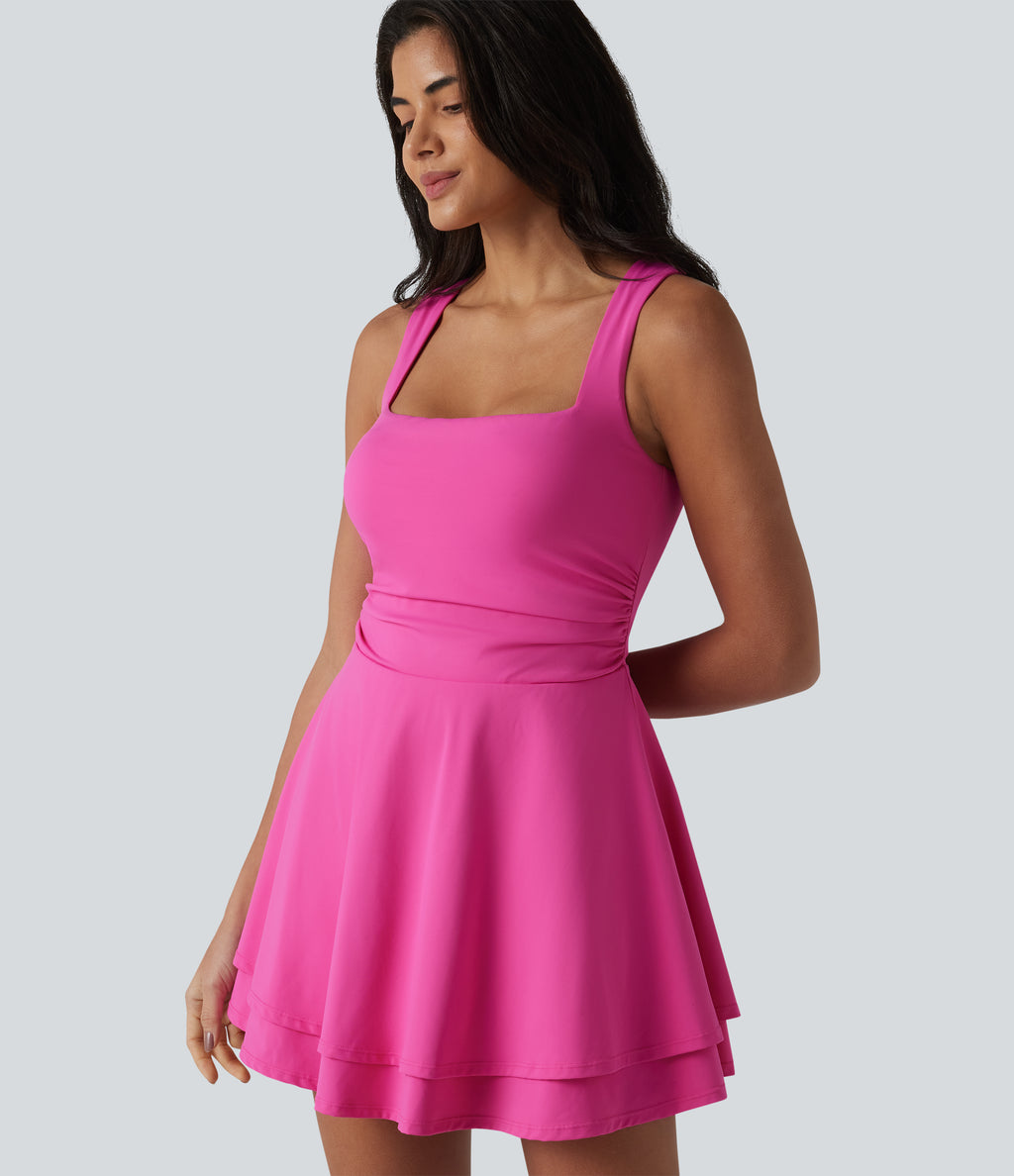 Airy Square Neck Built-in Bra Sleeveless 2-in-1 Layered InstantCool Mini Yoga Active Dress with Pockets-Edition — Fuchsia Fedora — view 7