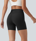 High Waisted Crossover Yoga Biker Shorts 5'' with Pockets — Black — view 2