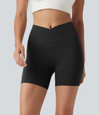 High Waisted Crossover Yoga Biker Shorts 5'' with Pockets — Black — view 3