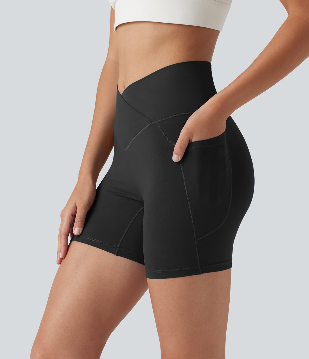 High Waisted Crossover Yoga Biker Shorts 5'' with Pockets — Black — view 4
