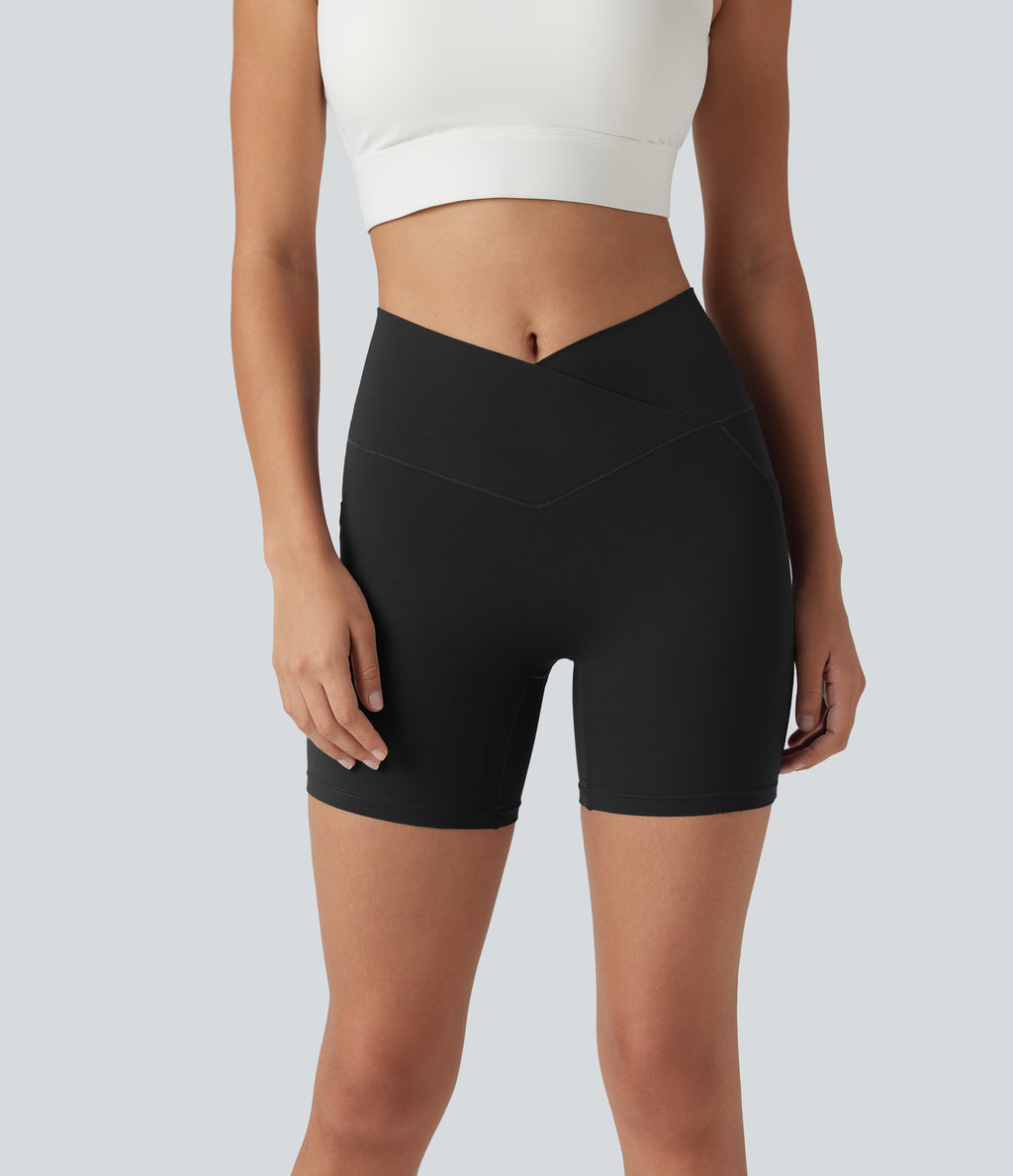 High Waisted Crossover Yoga Biker Shorts 5'' with Pockets — Black — view 7