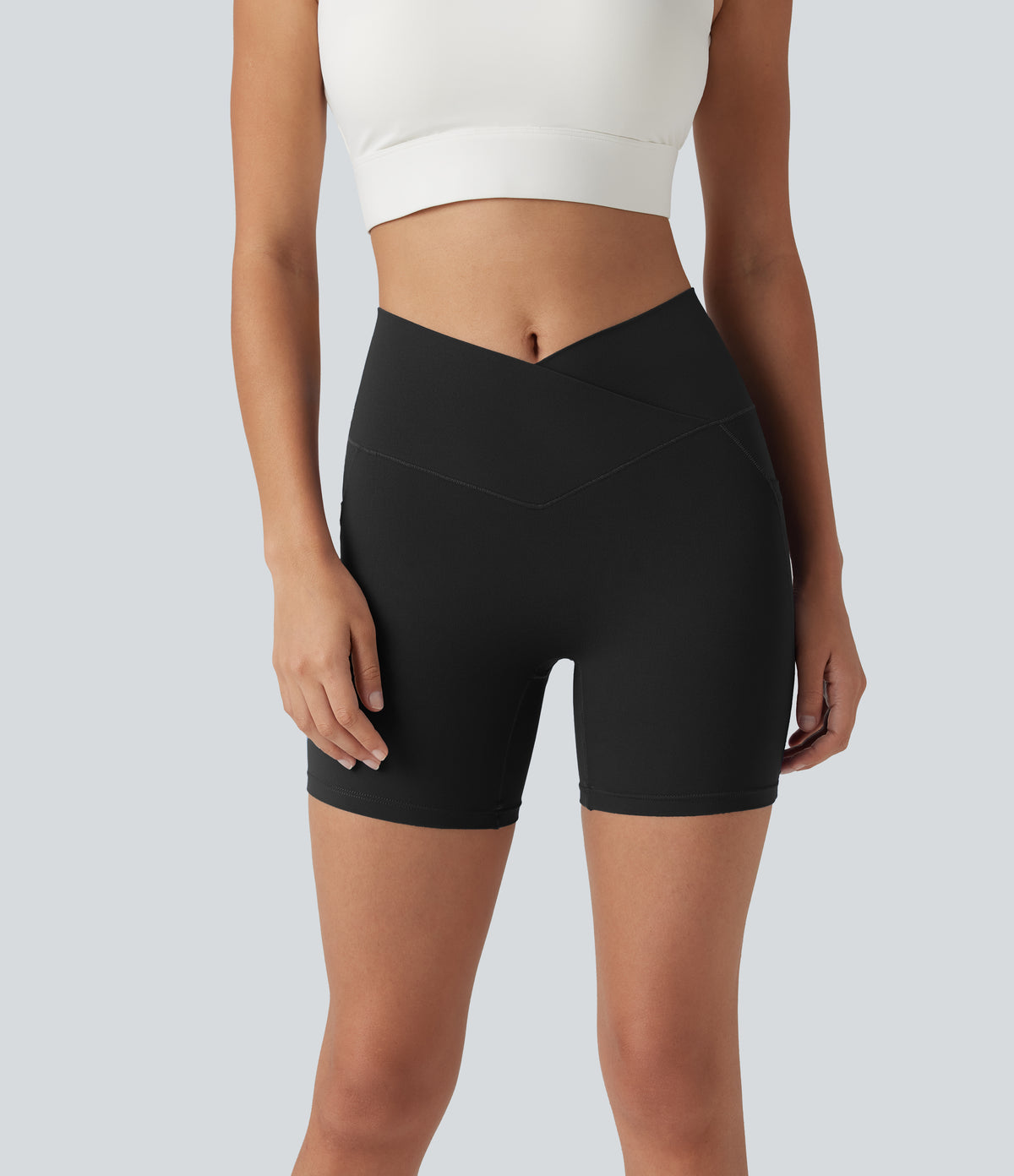 High Waisted Crossover Yoga Biker Shorts 5'' with Pockets — Black — view 7