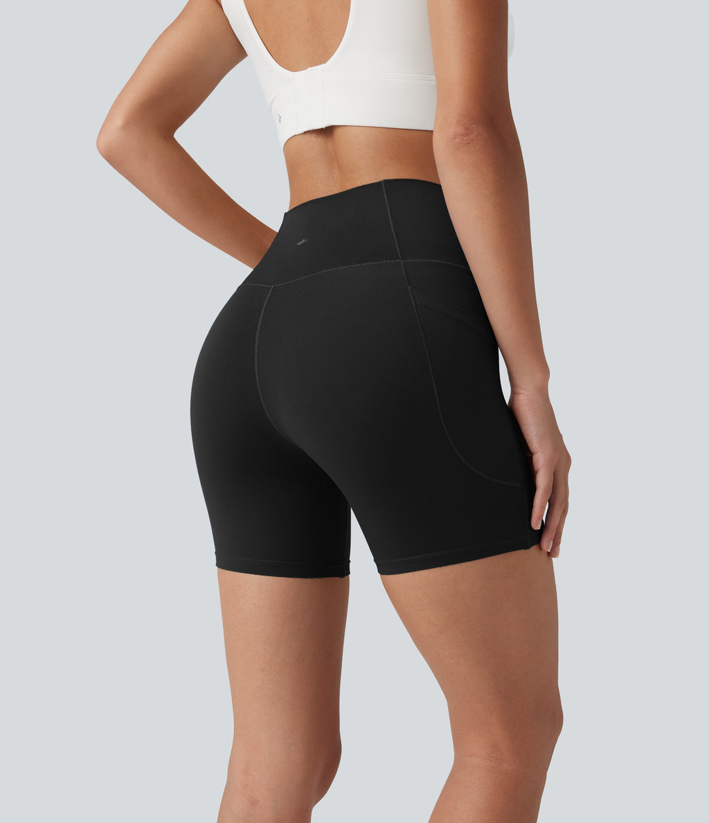 High Waisted Crossover Yoga Biker Shorts 5'' with Pockets — Black — view 5