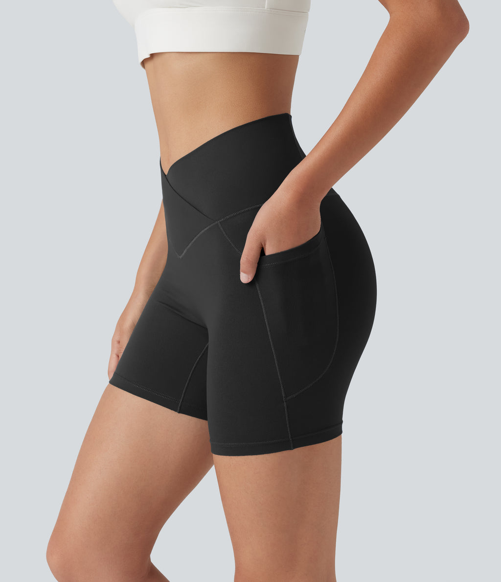 High Waisted Crossover Yoga Biker Shorts 5'' with Pockets — Black — view 1