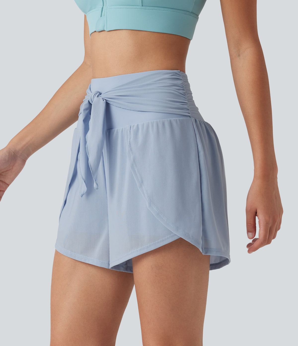 Airy High Waisted Tie Front Contrast Mesh 2-in-1 InstantCool Running Shorts 3" with Pockets — Angel Falls — view 5