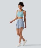 Airy High Waisted Tie Front Contrast Mesh 2-in-1 InstantCool Running Shorts 3" with Pockets — Angel Falls — view 8