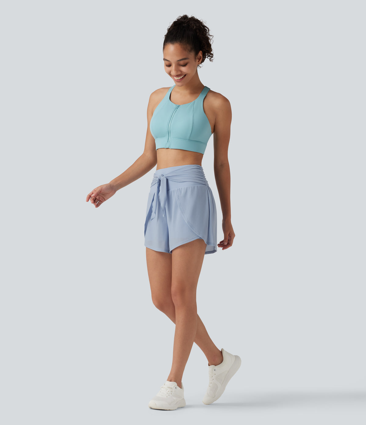 Airy High Waisted Tie Front Contrast Mesh 2-in-1 InstantCool Running Shorts 3" with Pockets — Angel Falls — view 8