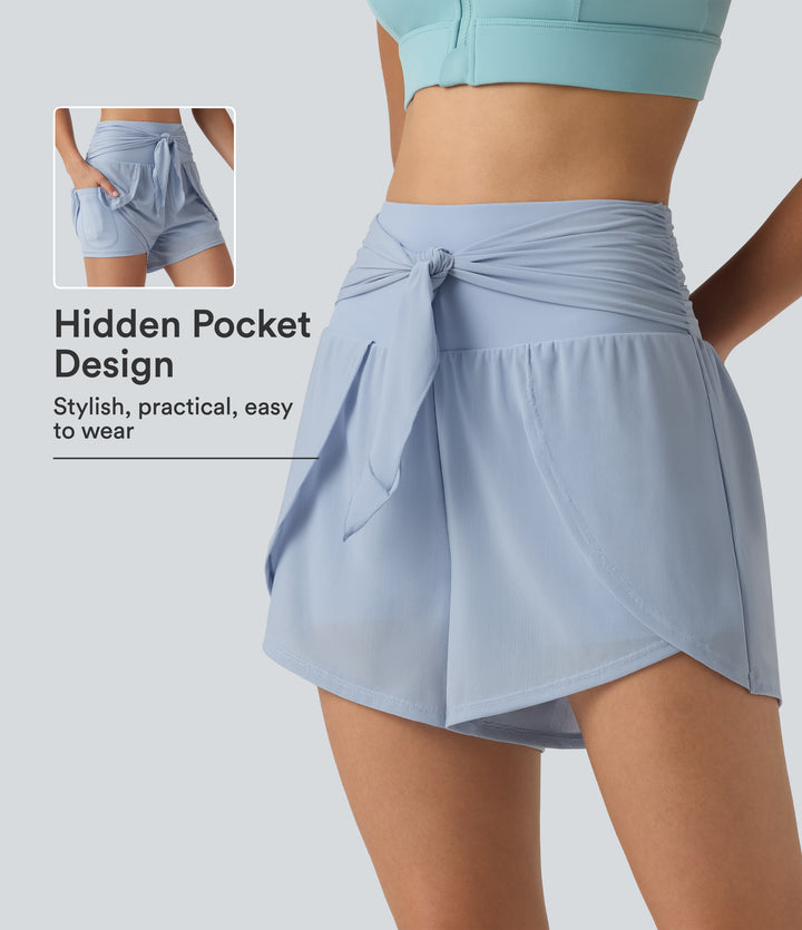 Airy High Waisted Tie Front Contrast Mesh 2-in-1 InstantCool Running Shorts 3" with Pockets — Angel Falls — view 1