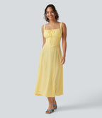 Square Neck Crisscross Backless Built-in Bra Corset Plaid Flowy Midi Linen-Feel Resort Milkmaid Dress — Lemon Gingham — view 3