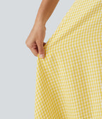Square Neck Crisscross Backless Built-in Bra Corset Plaid Flowy Midi Linen-Feel Resort Milkmaid Dress — Lemon Gingham — view 6