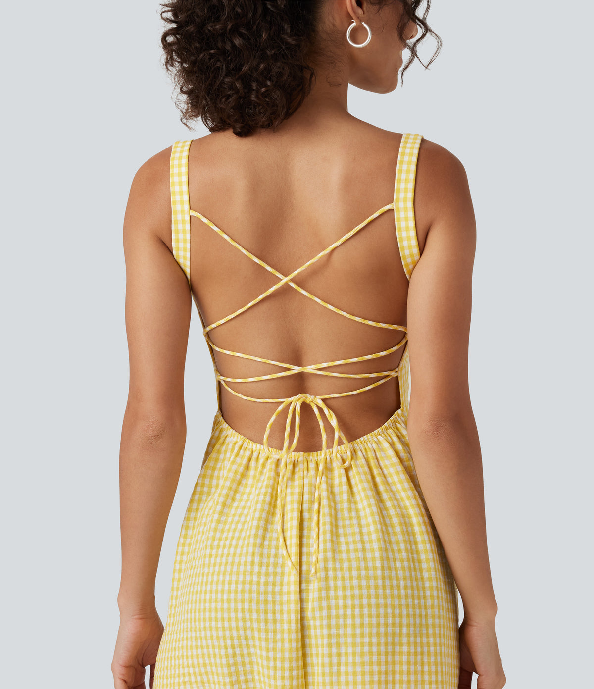 Square Neck Crisscross Backless Built-in Bra Corset Plaid Flowy Midi Linen-Feel Resort Milkmaid Dress — Lemon Gingham — view 4