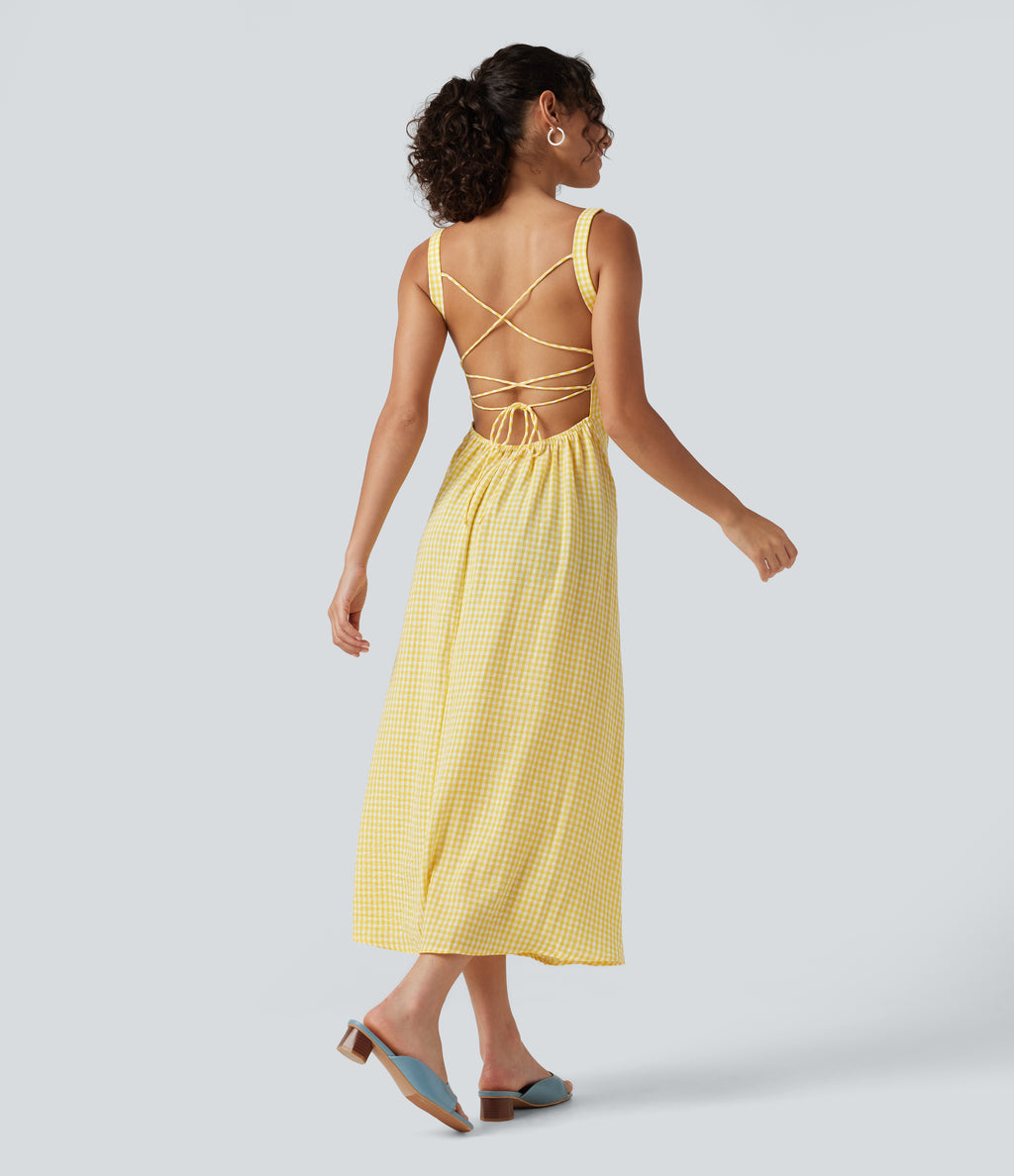 Square Neck Crisscross Backless Built-in Bra Corset Plaid Flowy Midi Linen-Feel Resort Milkmaid Dress — Lemon Gingham — view 2