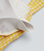 Square Neck Crisscross Backless Built-in Bra Corset Plaid Flowy Midi Linen-Feel Resort Milkmaid Dress — Lemon Gingham — view 8