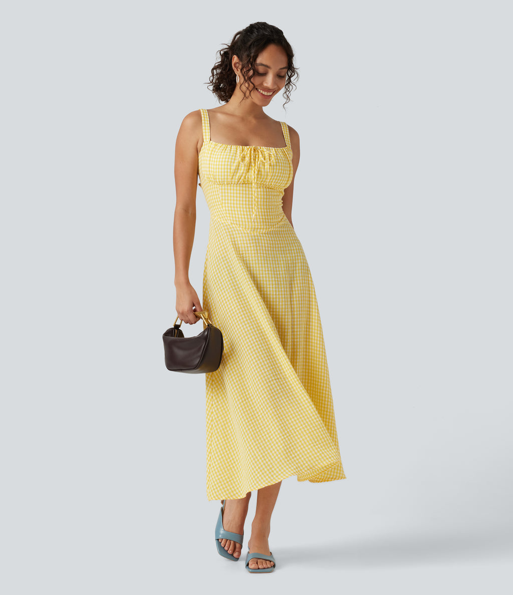 Square Neck Crisscross Backless Built-in Bra Corset Plaid Flowy Midi Linen-Feel Resort Milkmaid Dress — Lemon Gingham — view 7