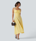 Square Neck Crisscross Backless Built-in Bra Corset Plaid Flowy Midi Linen-Feel Resort Milkmaid Dress — Lemon Gingham — view 7