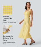 Square Neck Crisscross Backless Built-in Bra Corset Plaid Flowy Midi Linen-Feel Resort Milkmaid Dress — Lemon Gingham — view 1