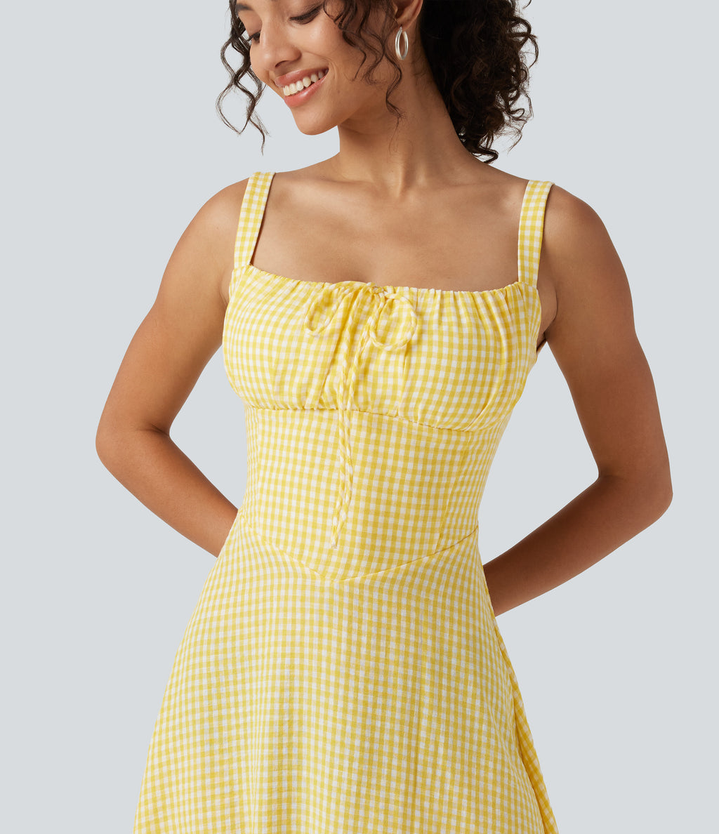 Square Neck Crisscross Backless Built-in Bra Corset Plaid Flowy Midi Linen-Feel Resort Milkmaid Dress — Lemon Gingham — view 5