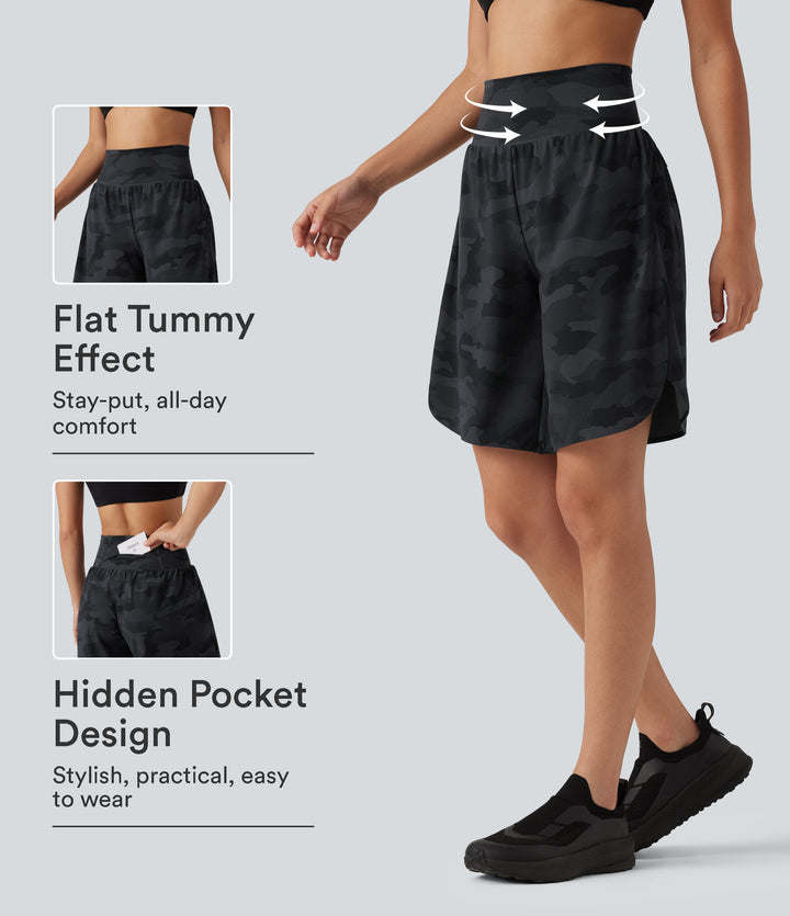 Camo Print High Waisted Tummy Control Curved Hem Running Shorts 9" with Pocket — Midnight Shadow Camo — view 1