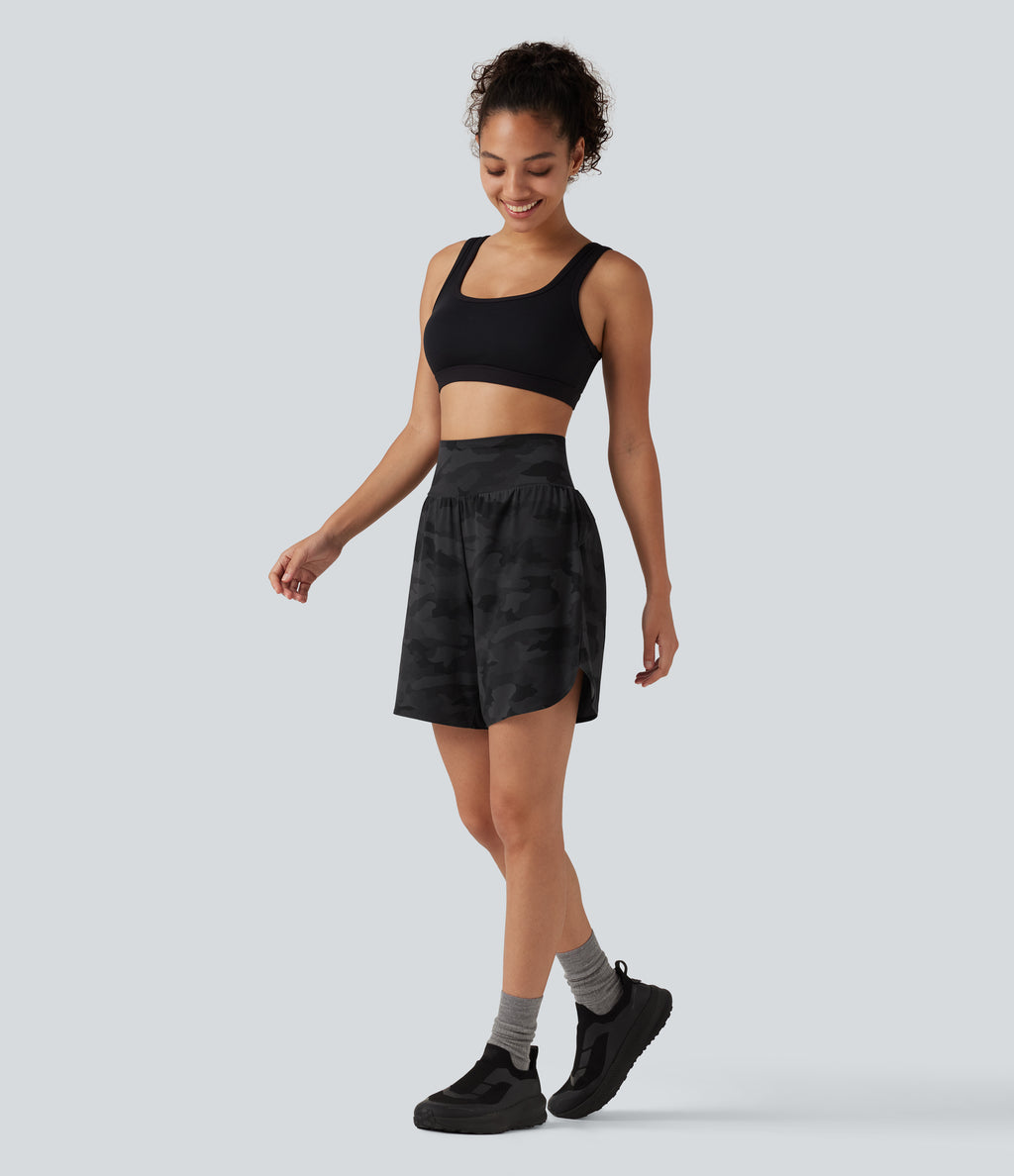 Camo Print High Waisted Tummy Control Curved Hem Running Shorts 7" with Pocket — Midnight Shadow Camo — view 8