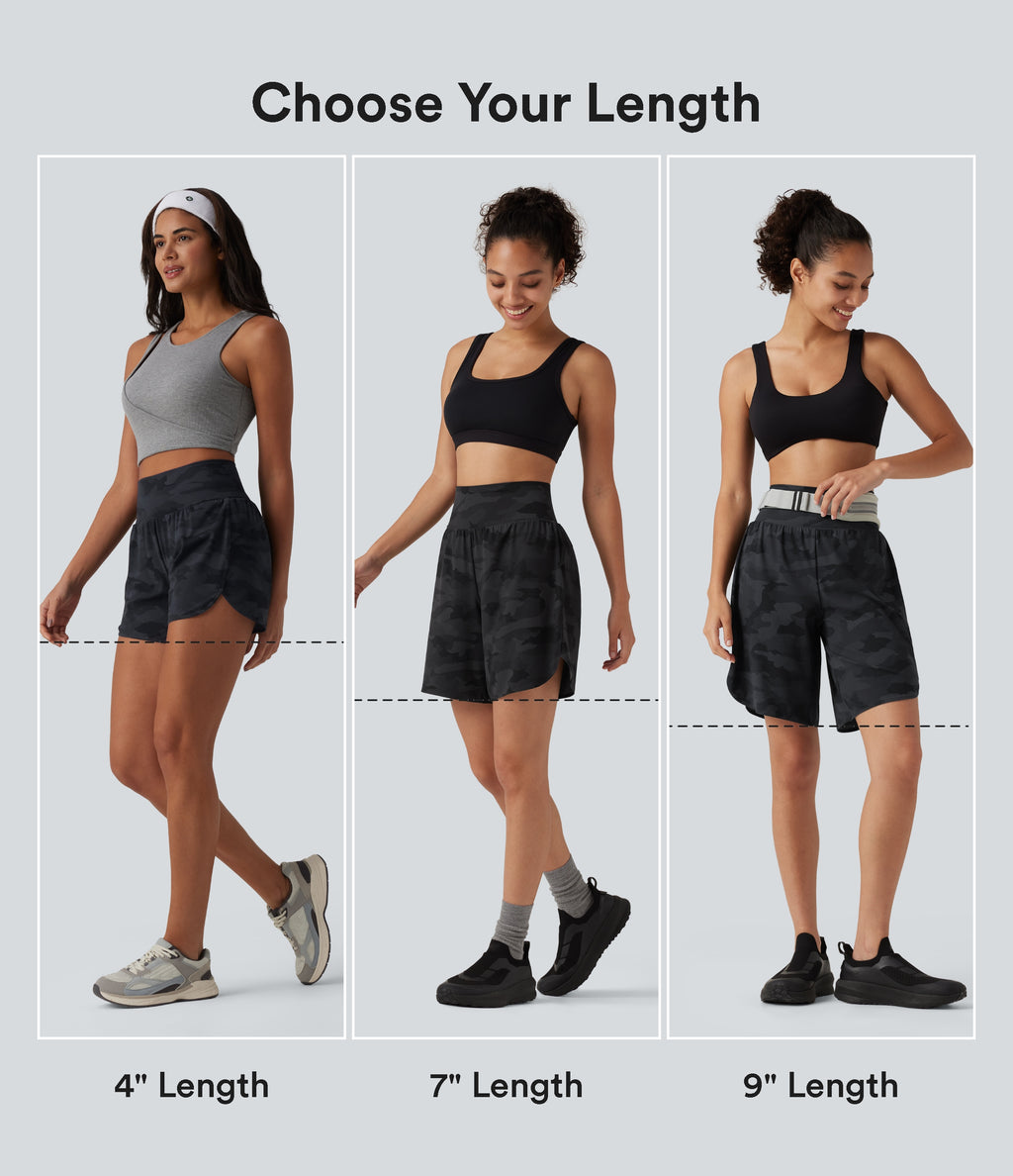 Camo Print High Waisted Tummy Control Curved Hem Running Shorts 7" with Pocket — Midnight Shadow Camo — view 2