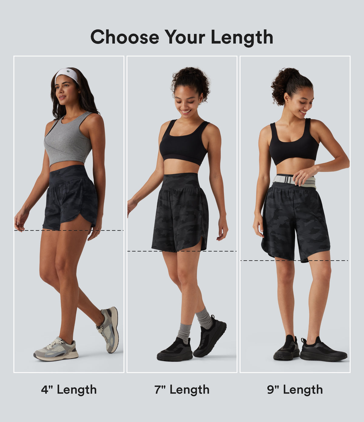 Camo Print High Waisted Tummy Control Curved Hem Running Shorts 7" with Pocket — Midnight Shadow Camo — view 2