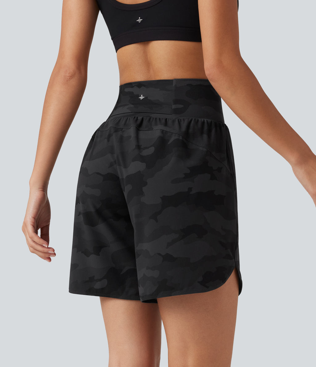 Camo Print High Waisted Tummy Control Curved Hem Running Shorts 7" with Pocket — Midnight Shadow Camo — view 3