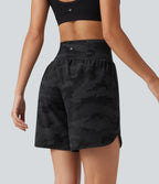 Camo Print High Waisted Tummy Control Curved Hem Running Shorts 7" with Pocket — Midnight Shadow Camo — view 3