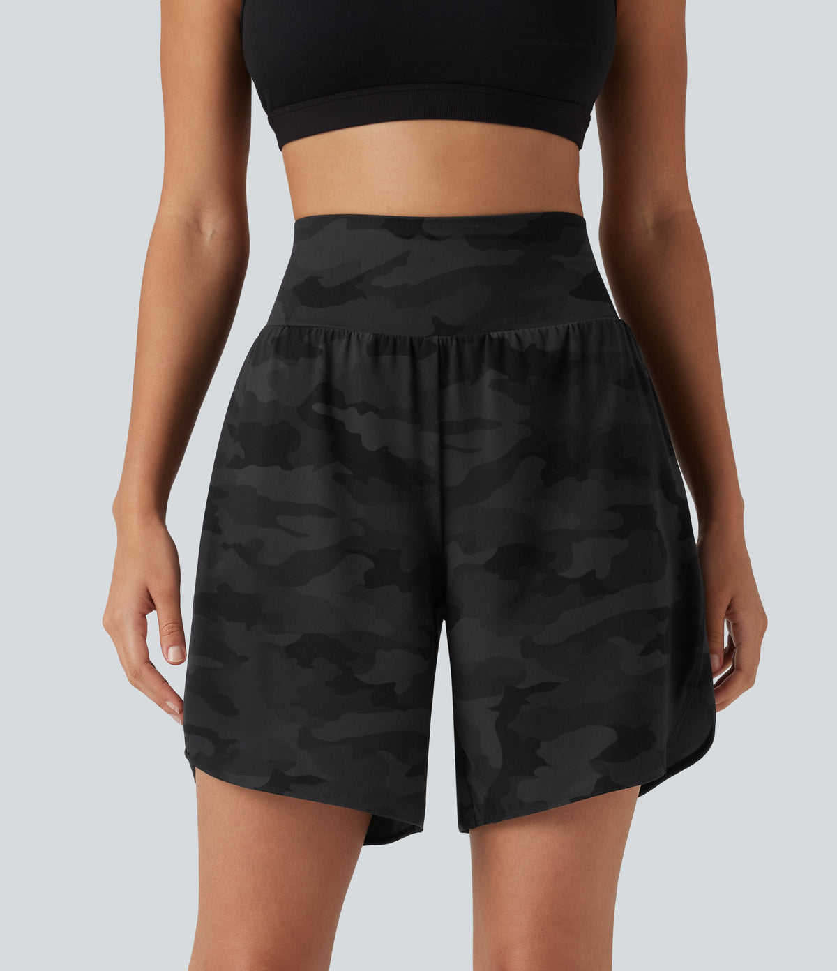 Camo Print High Waisted Tummy Control Curved Hem Running Shorts 7" with Pocket — Midnight Shadow Camo — view 4