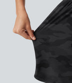 Camo Print High Waisted Tummy Control Curved Hem Running Shorts 7" with Pocket — Midnight Shadow Camo — view 7