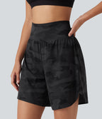 Camo Print High Waisted Tummy Control Curved Hem Running Shorts 7" with Pocket — Midnight Shadow Camo — view 5