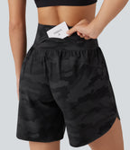 Camo Print High Waisted Tummy Control Curved Hem Running Shorts 7" with Pocket — Midnight Shadow Camo — view 6