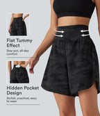 Camo Print High Waisted Tummy Control Curved Hem Running Shorts 7" with Pocket — Midnight Shadow Camo — view 1