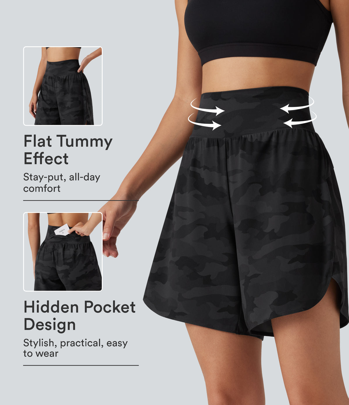 Camo Print High Waisted Tummy Control Curved Hem Running Shorts 7" with Pocket — Midnight Shadow Camo — view 1