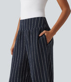 High Waisted Curved Hem Stripe Casual Trousers with Pockets — Navy Dual Stripe — view 5