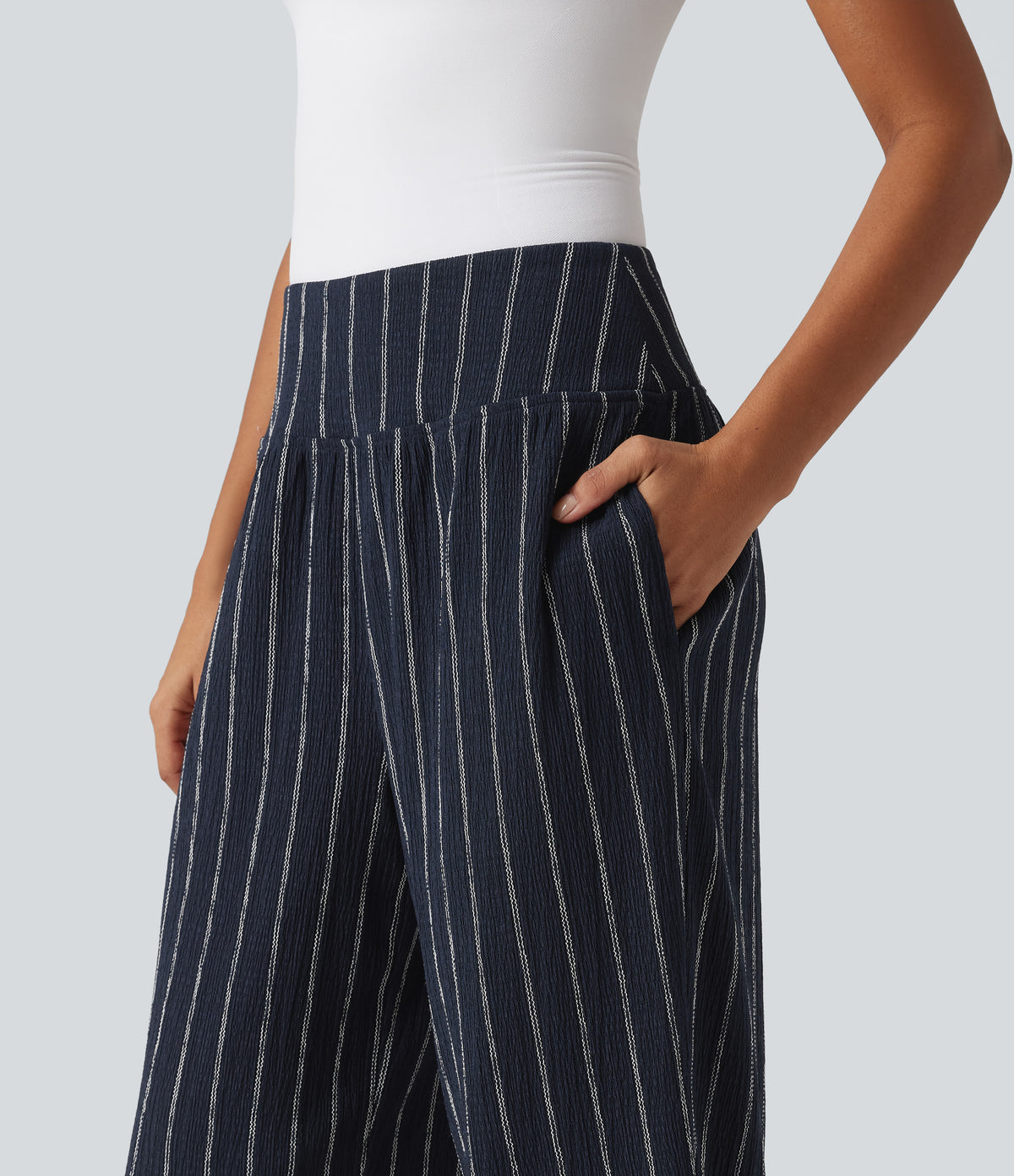 High Waisted Curved Hem Stripe Casual Trousers with Pockets — Navy Dual Stripe — view 5