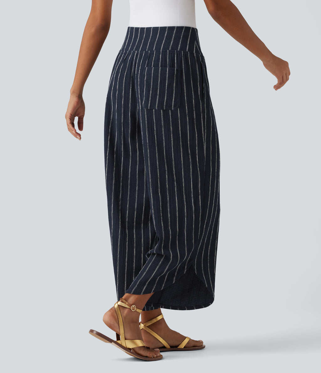 High Waisted Curved Hem Stripe Casual Trousers with Pockets — Navy Dual Stripe — view 2